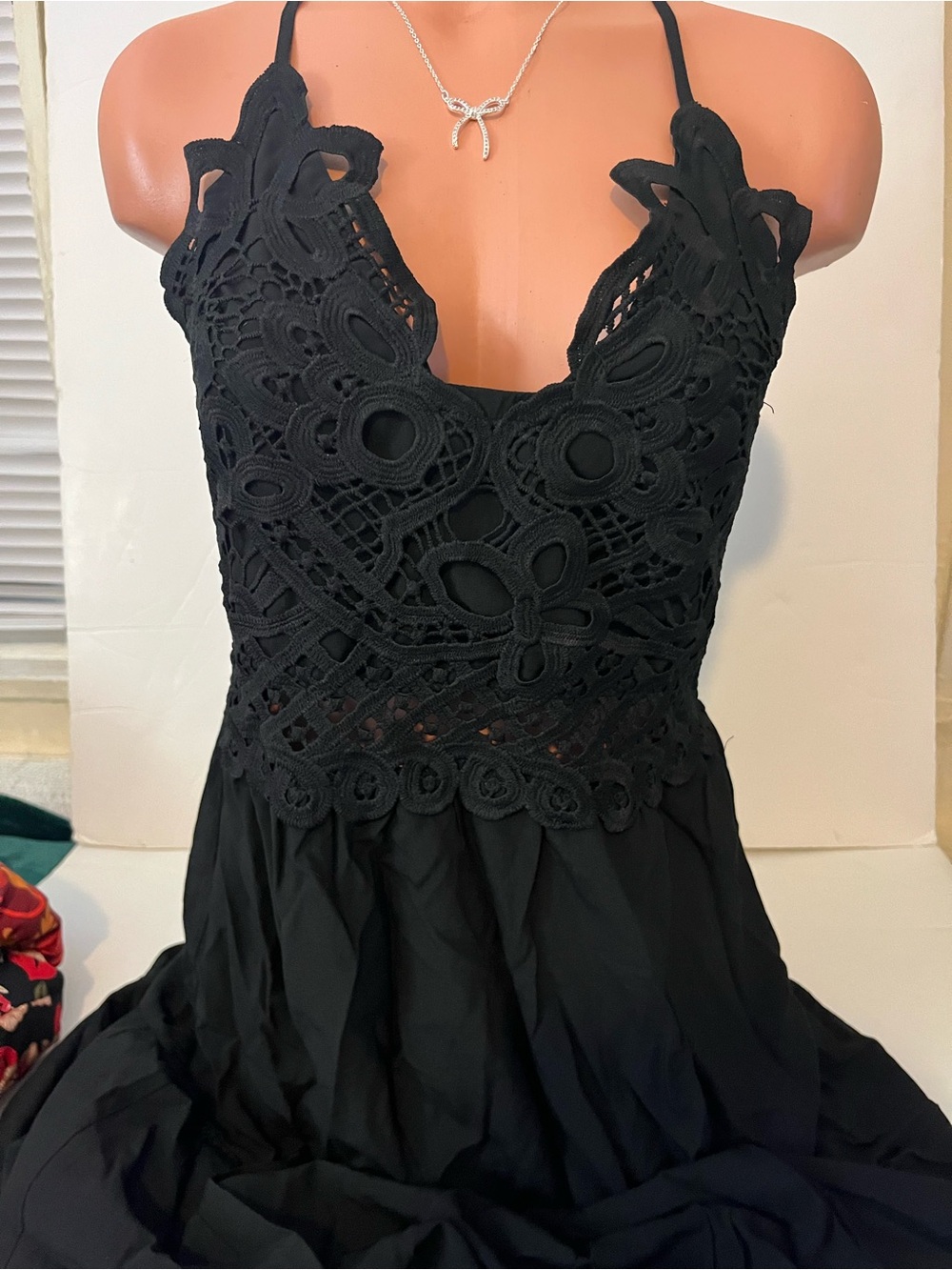Black Crochet Lace Spaghetti Strap Women's Dress